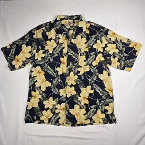 Tommy Bahama Shirt Mens Black Aloha Floral Hawaiian 100% Silk Size Medium